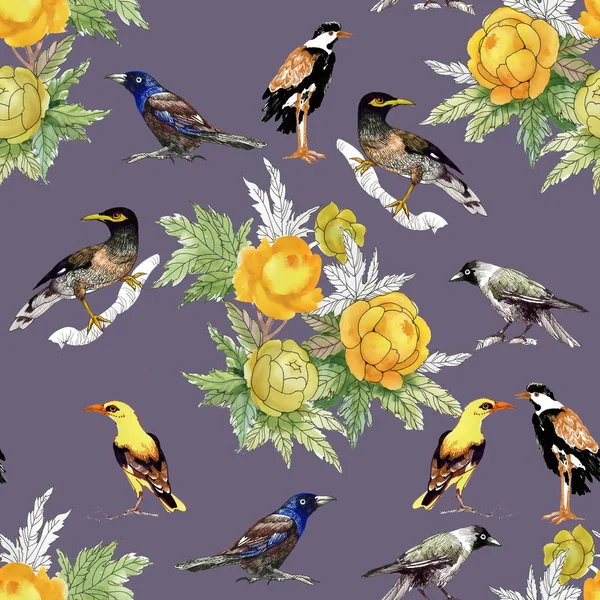 Sarı peonies ve farklı kuşlar — Stok fotoğraf