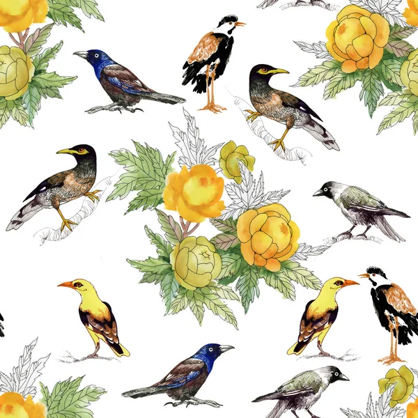 Peónias amarelas e diferentes aves — Fotografia de Stock