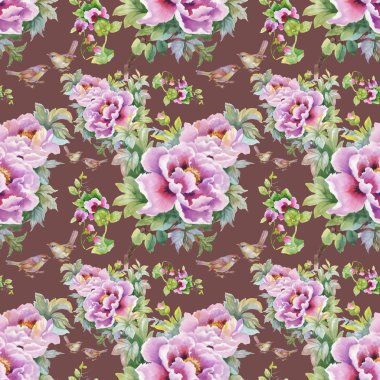 mor çiçekler ve kuşlar desen 