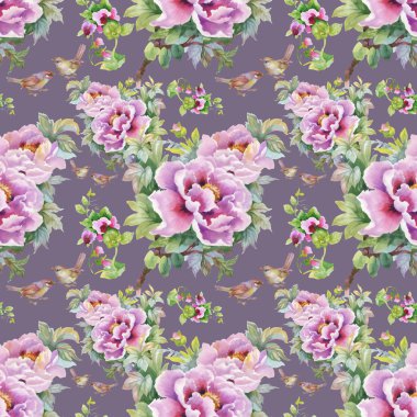 mor çiçekler ve kuşlar desen 