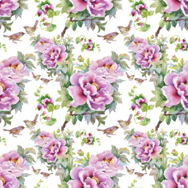 mor çiçekler ve kuşlar desen 