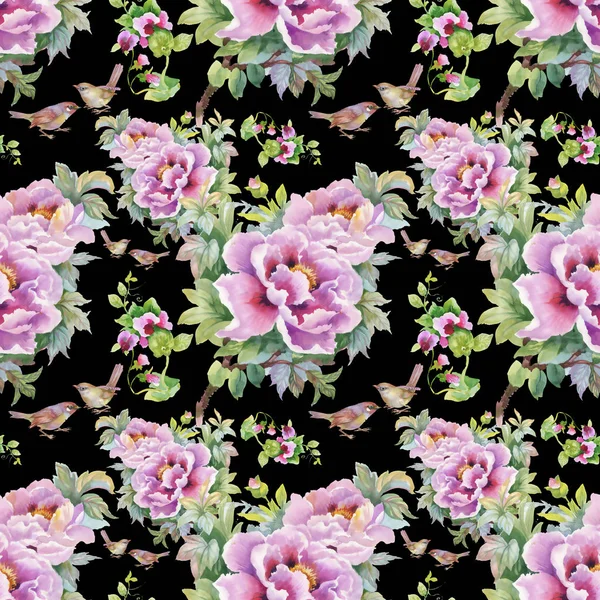 Muster aus lila Blumen und Vögeln — Stockfoto