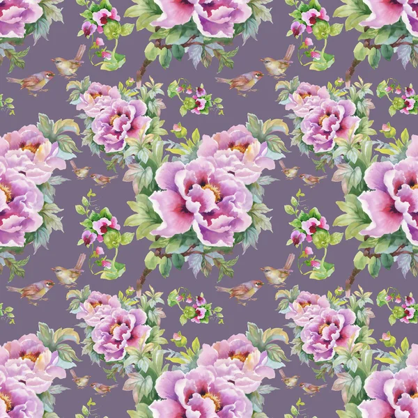 pattern of purple flowers  and  birds