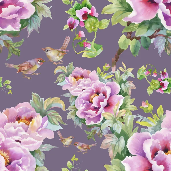 紫色的花和鸟的模式 — 图库照片