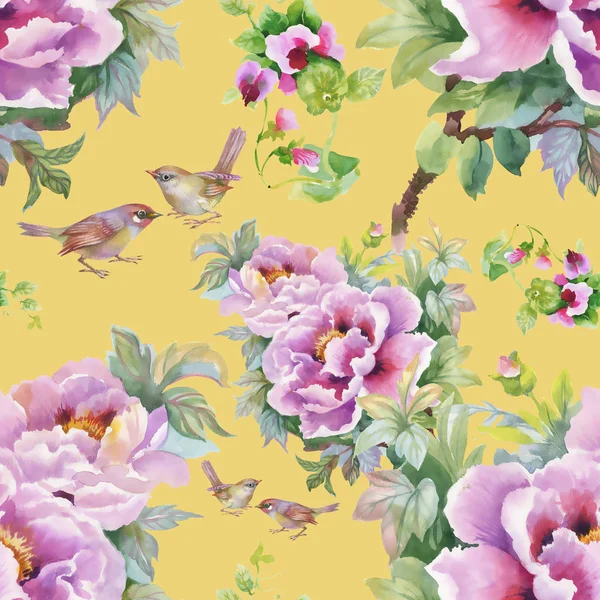 pattern of purple flowers  and  birds
