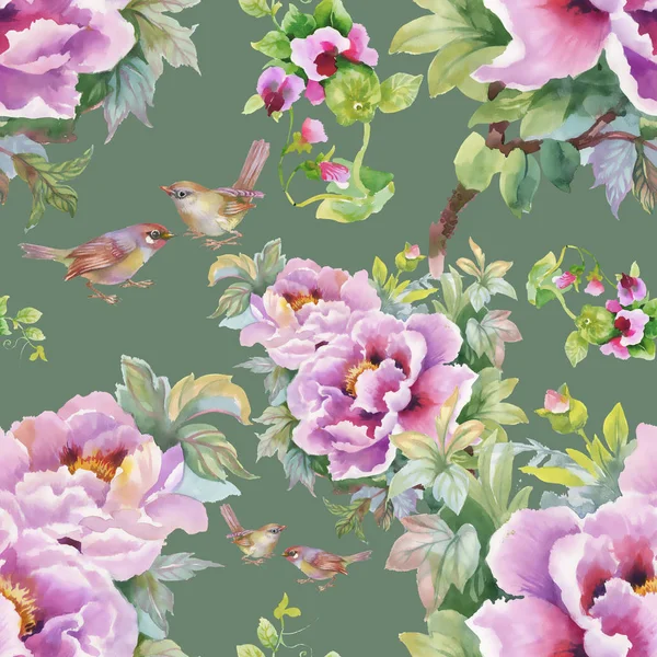 Muster aus lila Blumen und Vögeln — Stockfoto