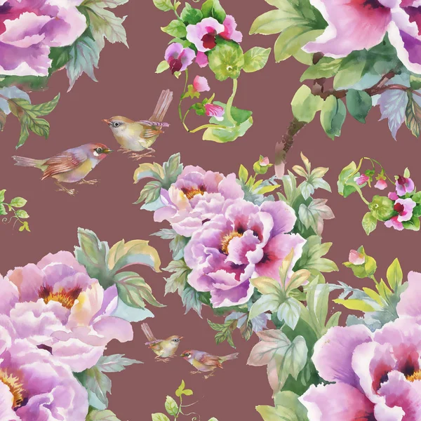 Pattern of purple flowers  and  birds — Stock Photo, Image