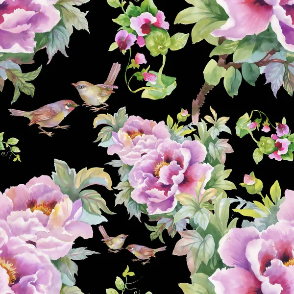 Vzor fialové květy a ptáci — Stock fotografie