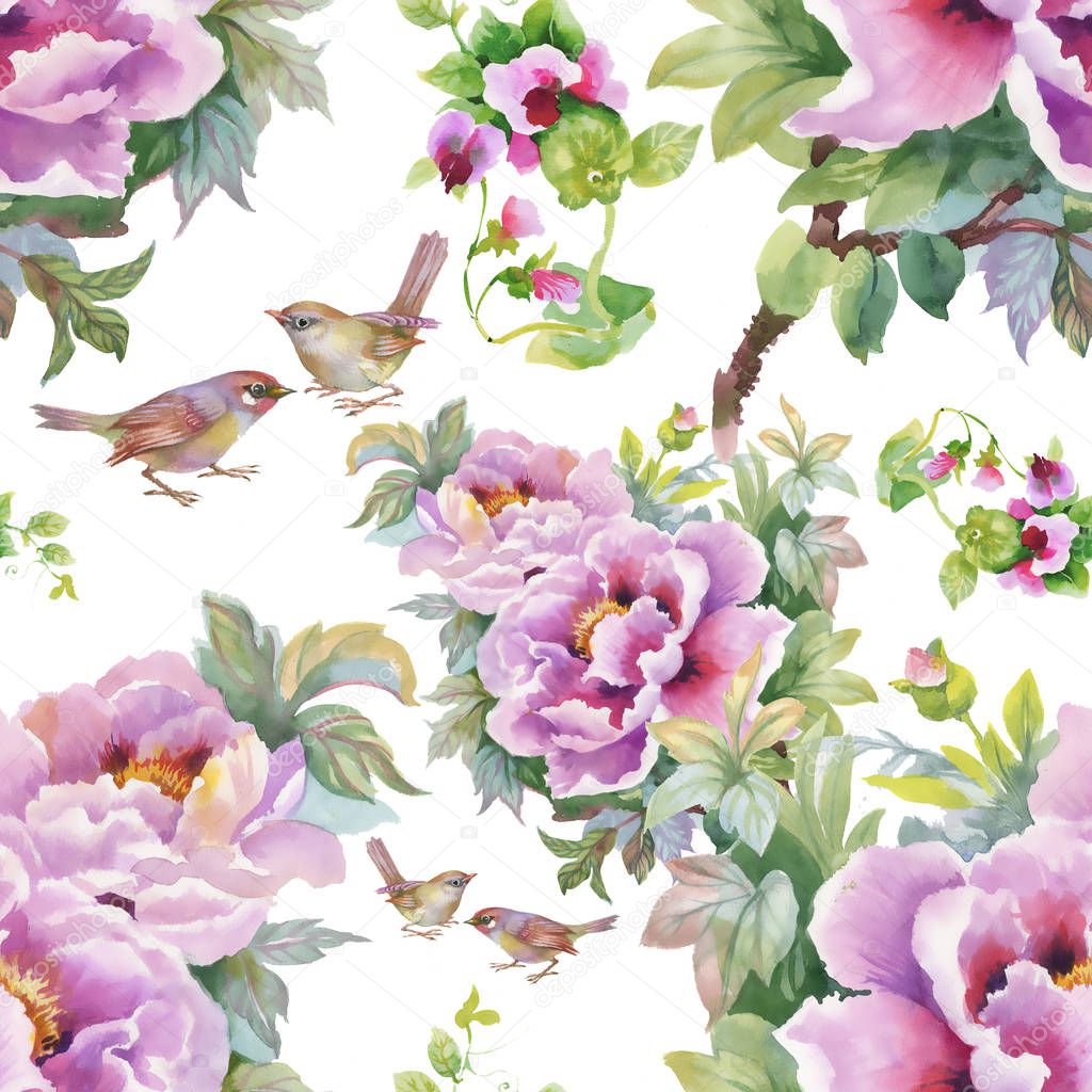 pattern of purple flowers  and  birds 