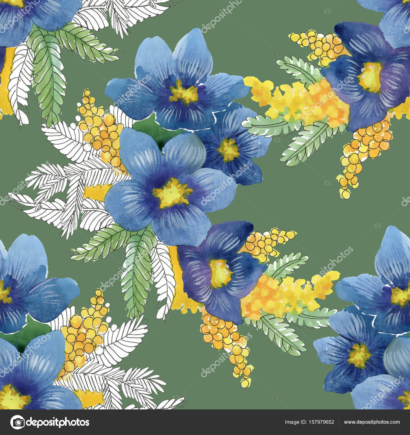 Blaue und gelbe Blumen und Vögel — Stockfoto © Kostan-PROFF #157979652