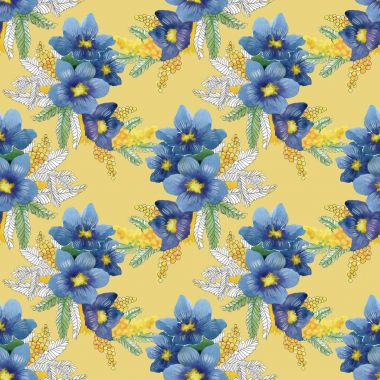 mavi ve sarı çiçekler ve kuşlar 