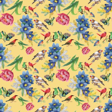 renkli çiçekler ve kuşlar 