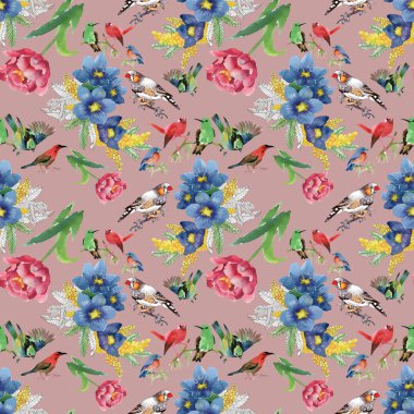 renkli çiçekler ve kuşlar 