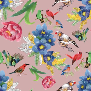 renkli çiçekler ve kuşlar 