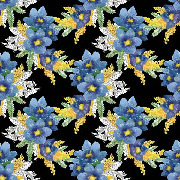 Μπλε και κίτρινα λουλούδια και τα πουλιά — Φωτογραφία Αρχείου