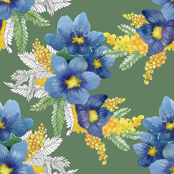 Niebieskie i żółte kwiaty i ptaki — Zdjęcie stockowe