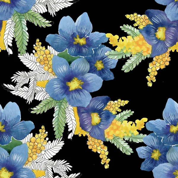 Blauwe en gele bloemen en vogels — Stockfoto