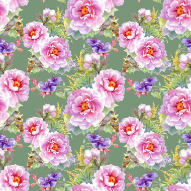 çiçekler, yapraklar ve kuşlar ile desen 