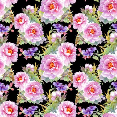 çiçekler, yapraklar ve kuşlar ile desen 