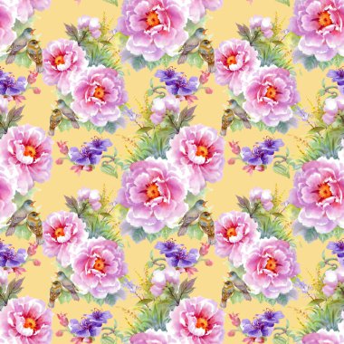 çiçekler, yapraklar ve kuşlar ile desen 