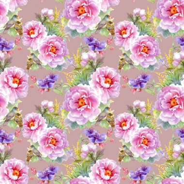 çiçekler, yapraklar ve kuşlar ile desen 