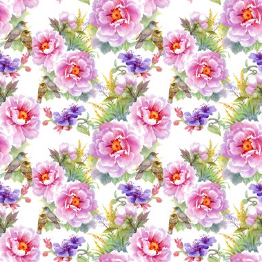 çiçekler, yapraklar ve kuşlar ile desen 