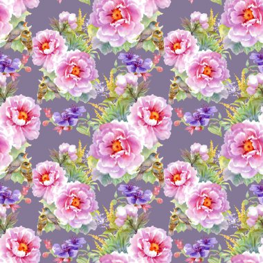 çiçekler, yapraklar ve kuşlar ile desen 