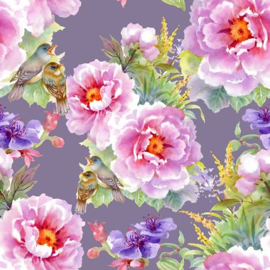 çiçekler, yapraklar ve kuşlar ile desen 