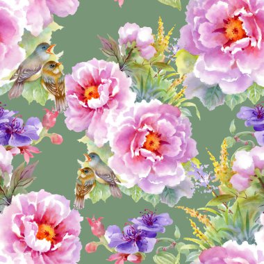 çiçekler, yapraklar ve kuşlar ile desen 