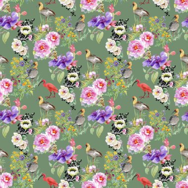 çiçekler ve kuşlar ile desen