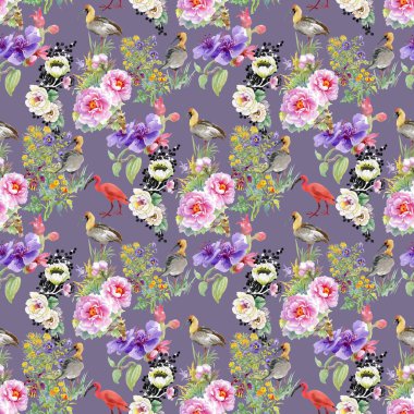 çiçekler ve kuşlar ile desen