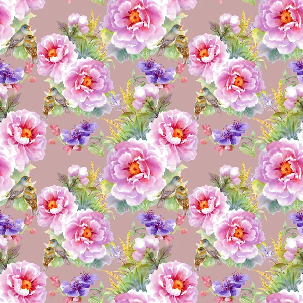 çiçekler, yapraklar ve kuşlar ile desen 