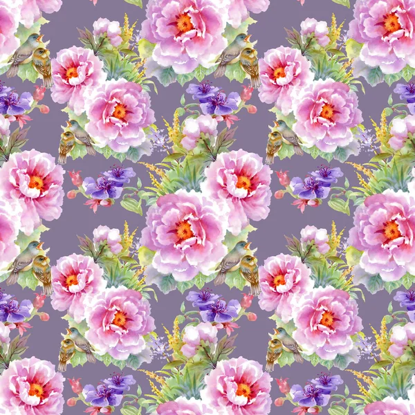 çiçekler, yapraklar ve kuşlar ile desen 