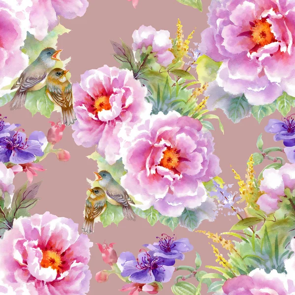 Muster mit Blüten, Blättern und Vögeln — Stockfoto