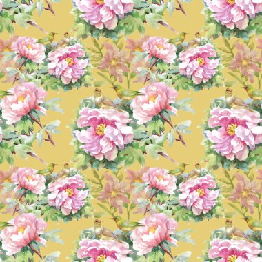 pembe çiçekler ve kuşlar desen 