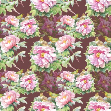 pembe çiçekler ve kuşlar desen 