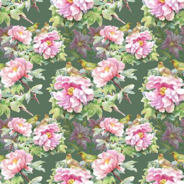 pembe çiçekler ve kuşlar desen 