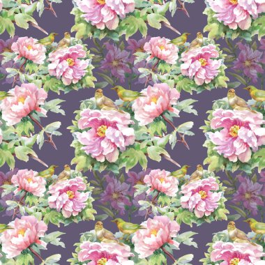 pembe çiçekler ve kuşlar desen 