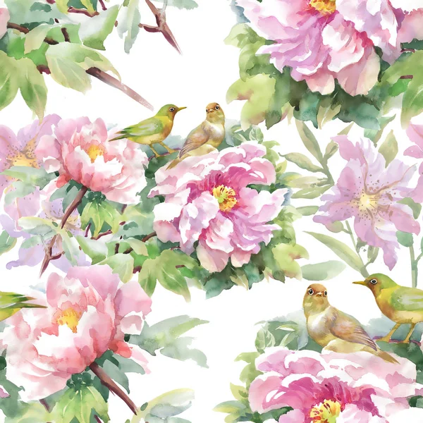Μοτίβο από ροζ λουλούδια και πουλιά — Φωτογραφία Αρχείου