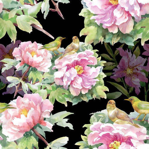 pattern of pink flowers and  birds 