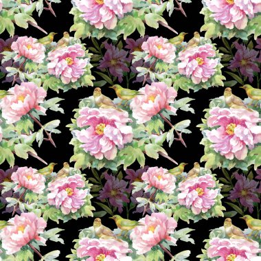 pembe ve mor çiçekler, yapraklar ve kuşlar