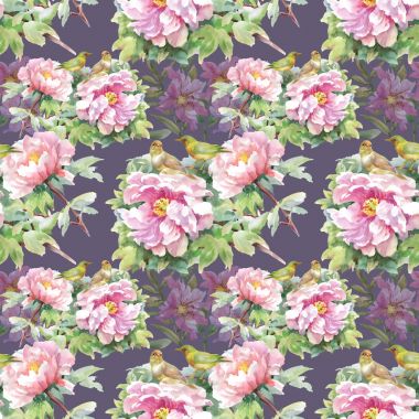 pembe ve mor çiçekler, yapraklar ve kuşlar