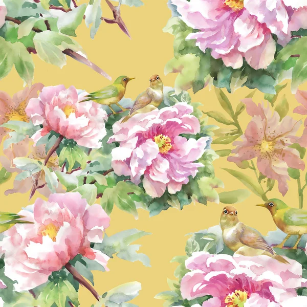 Rózsaszín és lila virágok, levelek és a madarak — Stock Fotó