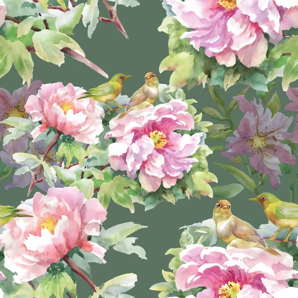 Růžové a fialové květy, listy a ptáci — Stock fotografie