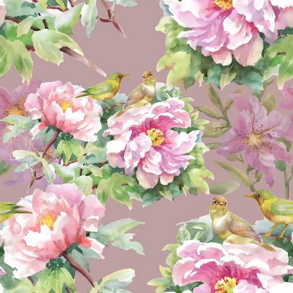Rosa und violette Blüten, Blätter und Vögel — Stockfoto