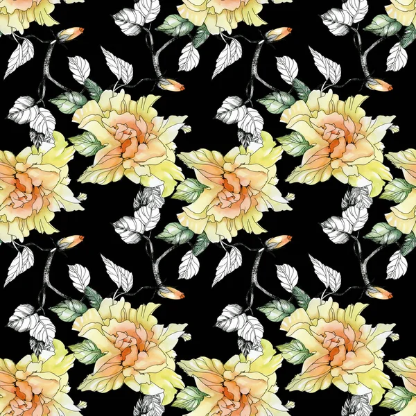 Yellow roses and leaves pattern — Stock Photo, Image