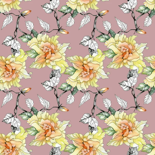 Gele rozen en bladeren patroon — Stockfoto