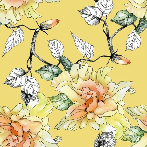 Yellow roses and leaves pattern — Stock Photo, Image