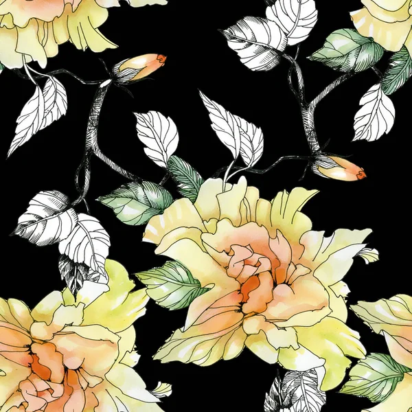 Żółte róże i liści wzór — Zdjęcie stockowe