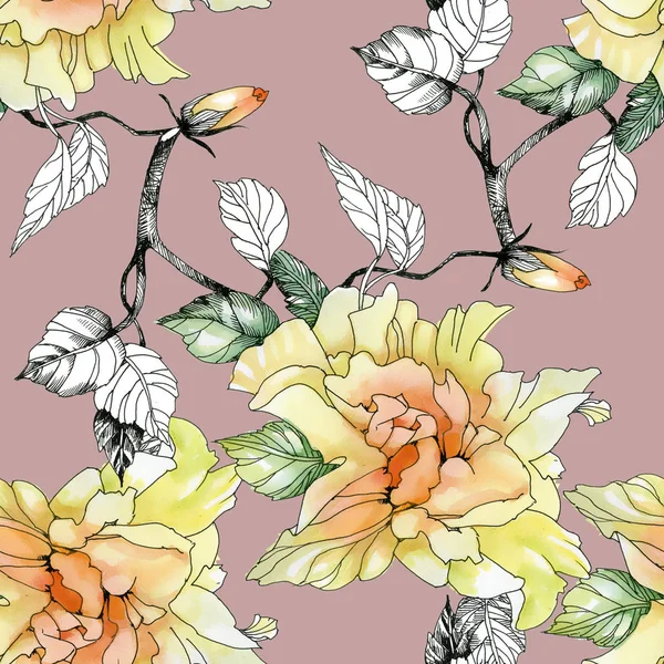 Yellow roses and leaves pattern — Stock Photo, Image